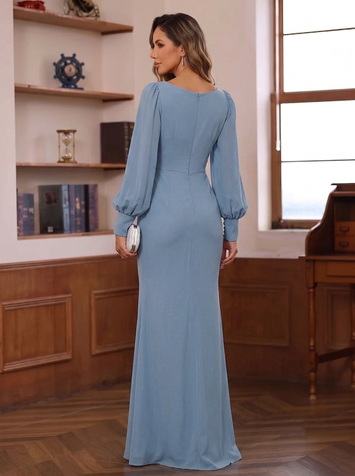 Sheath/Column V-Neck Chiffon Mother of the Bride Dresses Ruched Floor-Length Long Sleeves