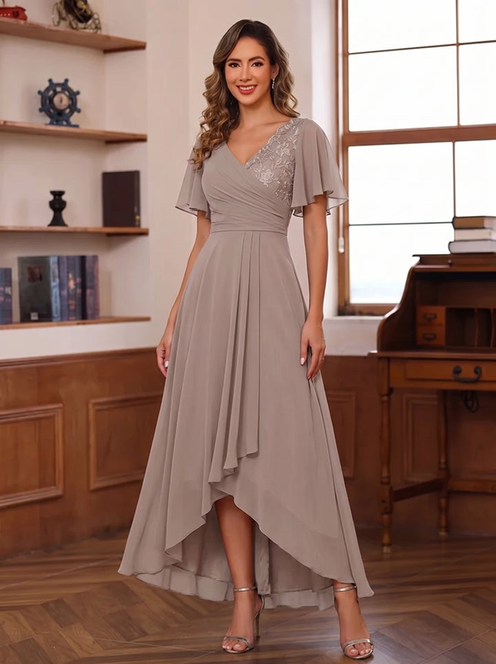 A-Line/Princess V-Neck Chiffon Mother of the Bride Dresses Lace Floral Asymmetrical Ankle-Length Short Sleeves