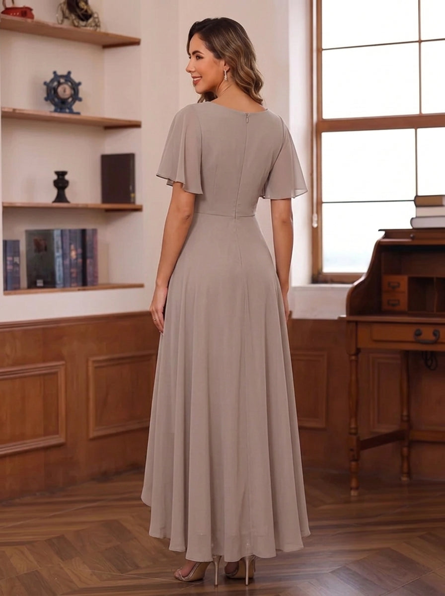 A-Line/Princess V-Neck Chiffon Mother of the Bride Dresses Lace Floral Asymmetrical Ankle-Length Short Sleeves