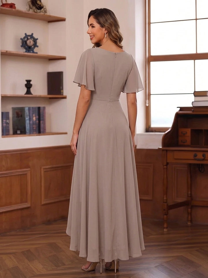 A-Line/Princess V-Neck Chiffon Mother of the Bride Dresses Lace Floral Asymmetrical Ankle-Length Short Sleeves