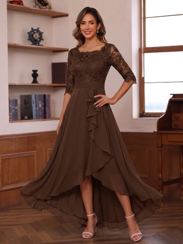 A-Line/Princess Scoop Chiffon Mother of the Bride Dresses Lace Floral Ruffles Asymmetrical Ankle-Length 3/4 Sleeves