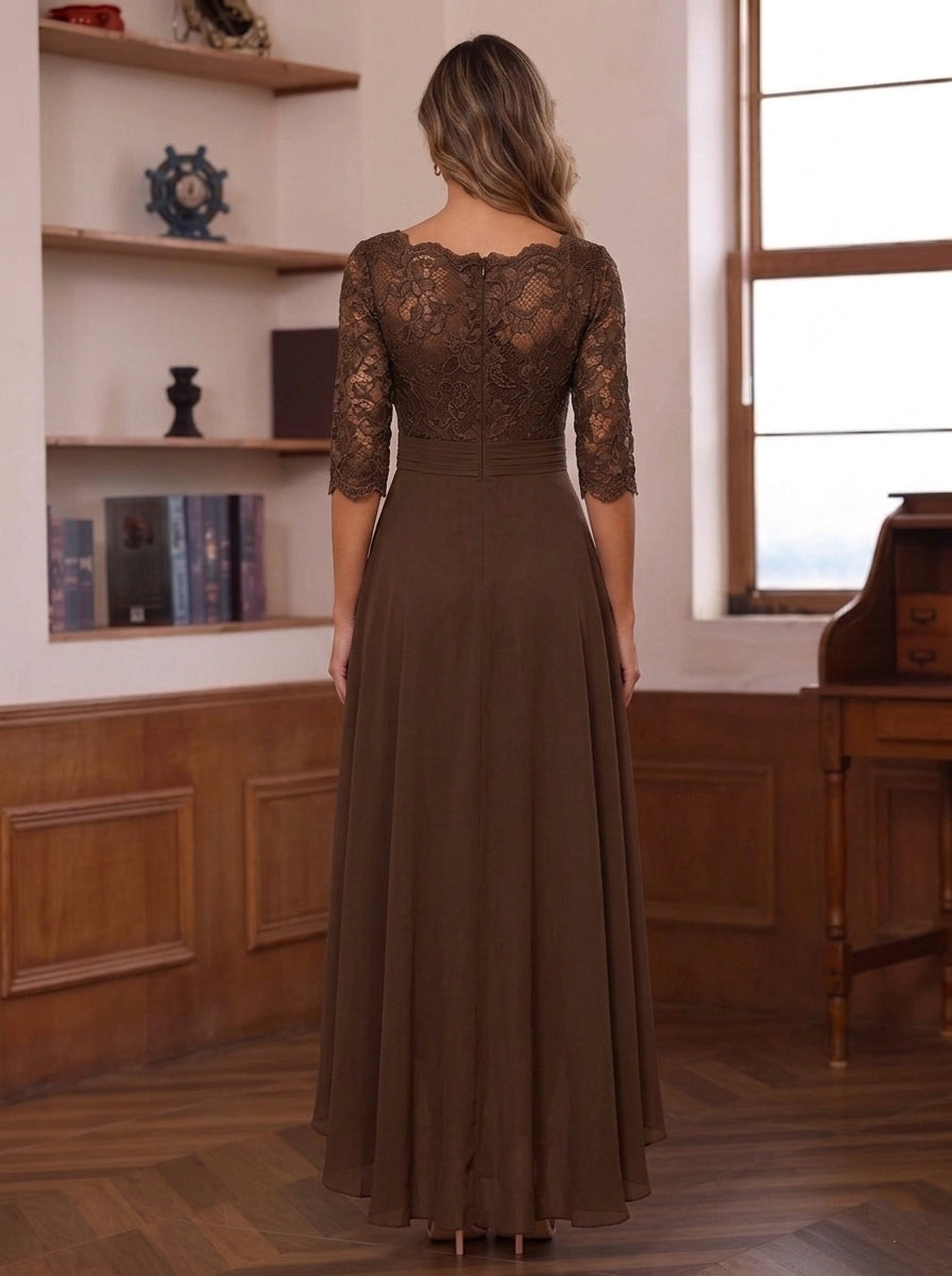 A-Line/Princess Scoop Chiffon Mother of the Bride Dresses Lace Floral Ruffles Asymmetrical Ankle-Length 3/4 Sleeves