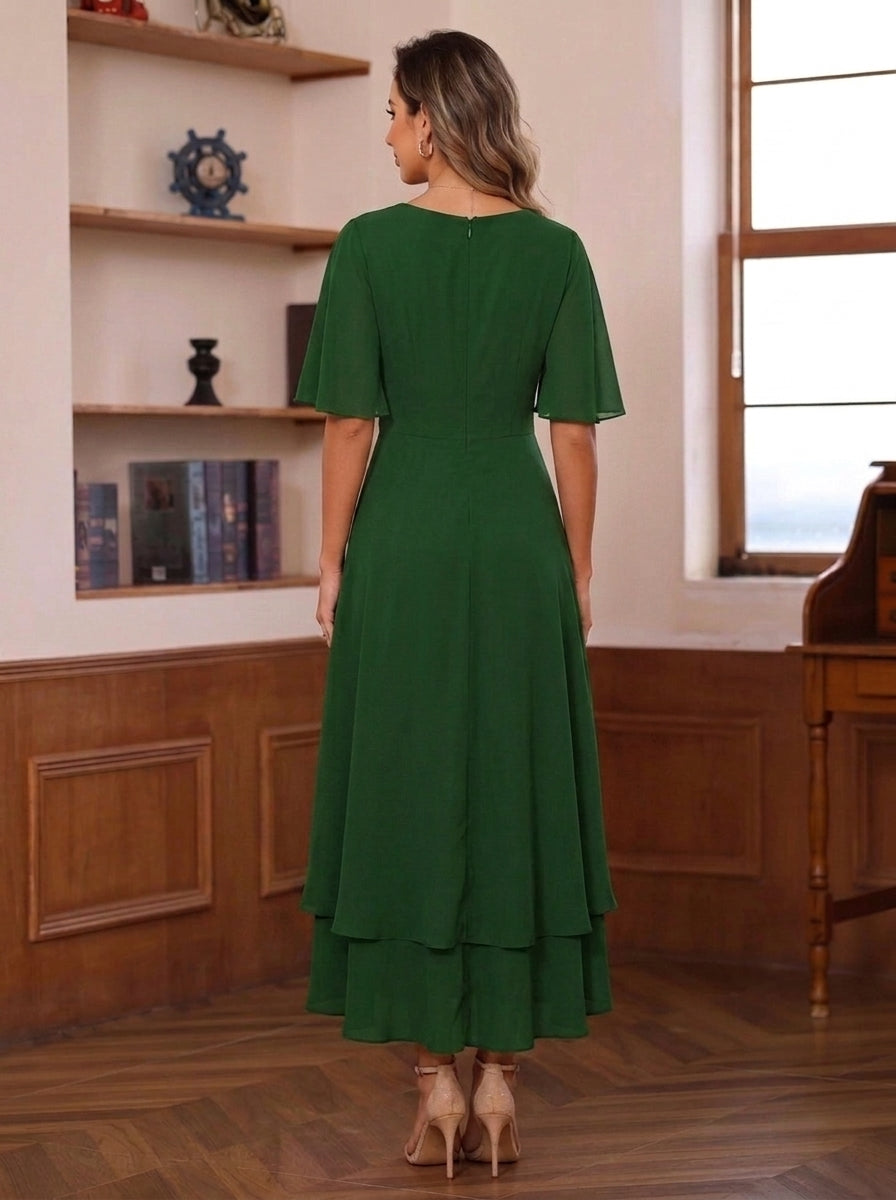 A-Line/Princess V-Neck Chiffon Mother of the Bride Dresses Lace Floral Tea-Length Short Sleeves Ruffles