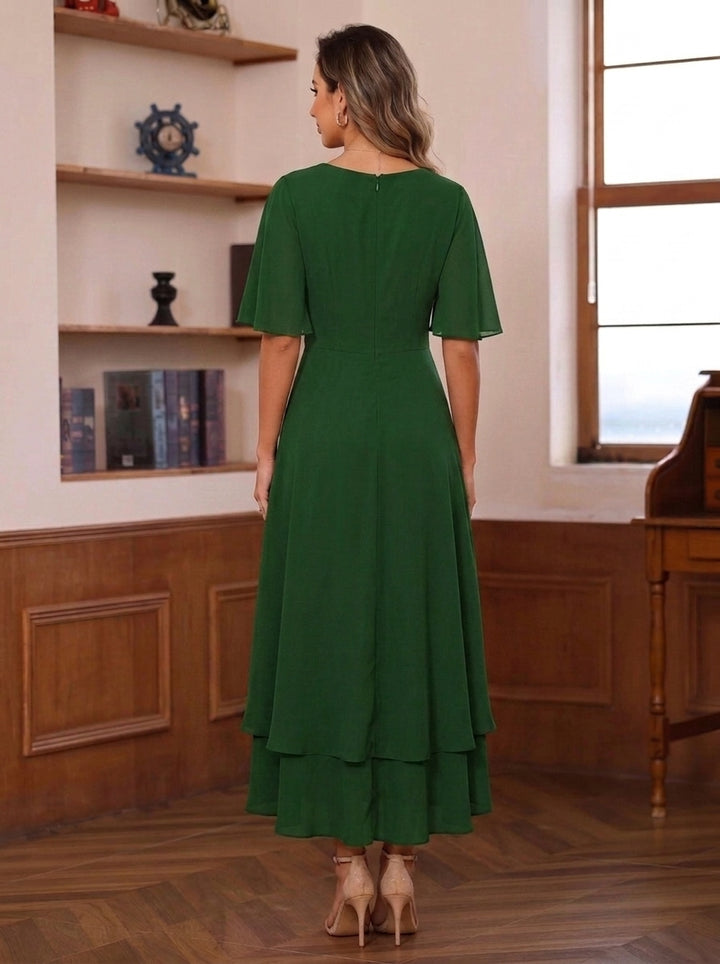 A-Line/Princess V-Neck Chiffon Mother of the Bride Dresses Lace Floral Tea-Length Short Sleeves Ruffles