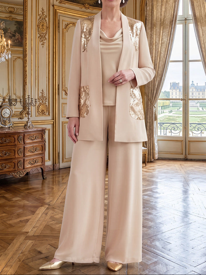 3 Pieces Cowl Neck Chiffon Mother of the Bride Pantsuits Sequins Ankle-Length Long Sleeves&Sleeveless