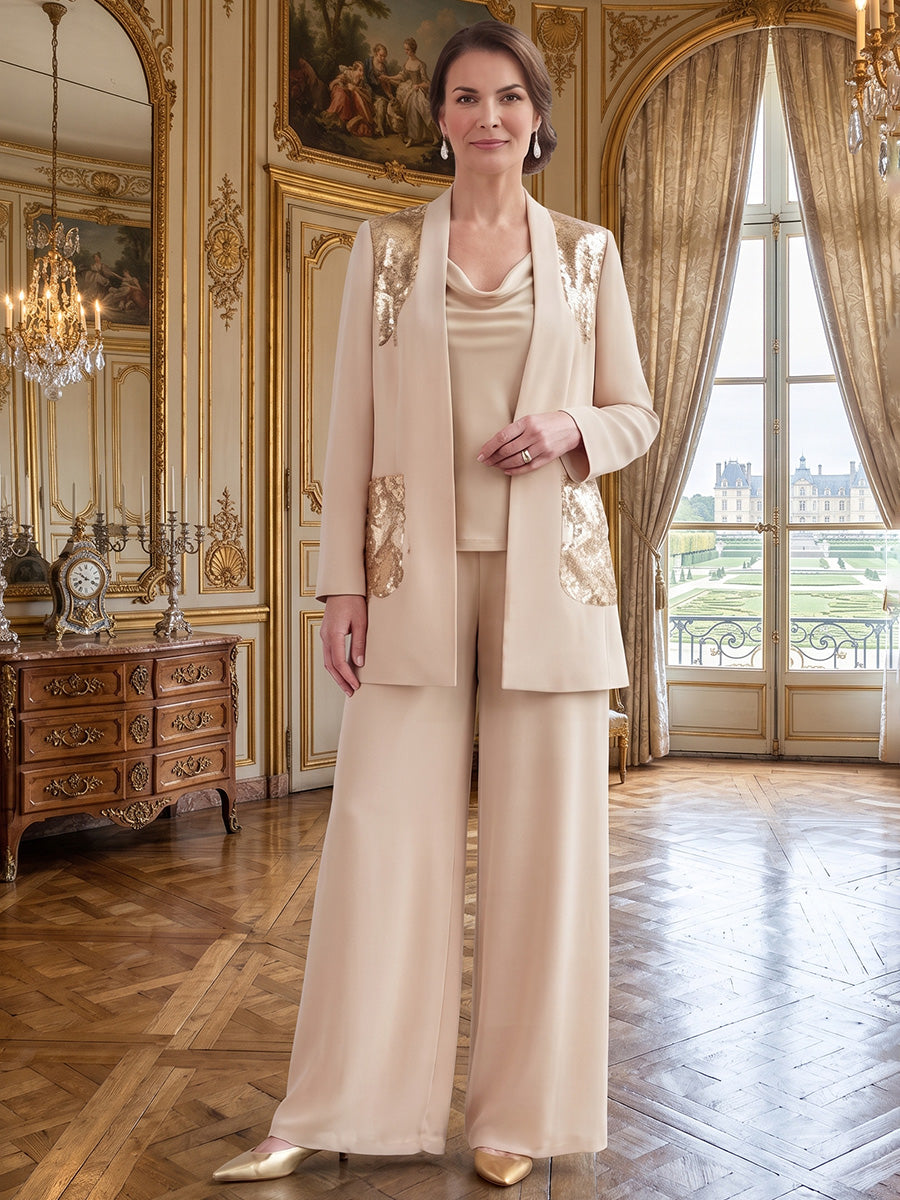 3 Pieces Cowl Neck Chiffon Mother of the Bride Pantsuits Sequins Ankle-Length Long Sleeves&Sleeveless