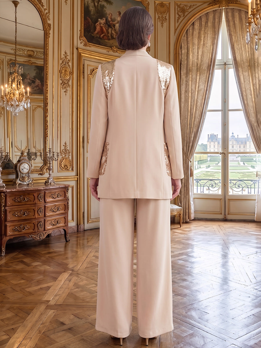 3 Pieces Cowl Neck Chiffon Mother of the Bride Pantsuits Sequins Ankle-Length Long Sleeves&Sleeveless