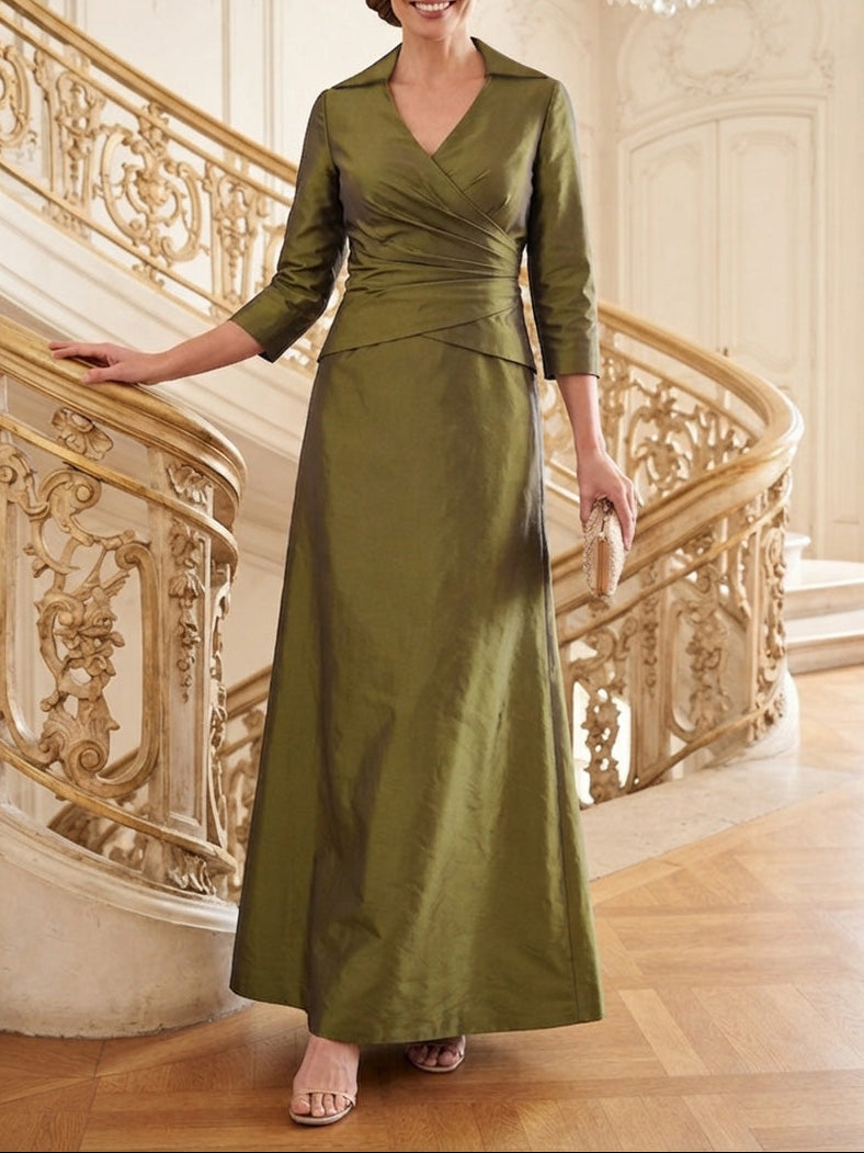 A-Line/Princess V-Neck Taffeta Mother of the Bride Dresses 3/4 Sleeves Ankle-Length Ruched