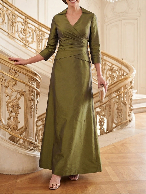 A-Line/Princess V-Neck Taffeta Mother of the Bride Dresses 3/4 Sleeves Ankle-Length Ruched