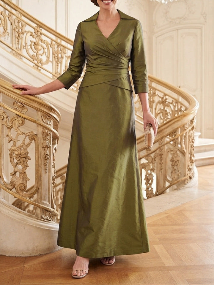 A-Line/Princess V-Neck Taffeta Mother of the Bride Dresses 3/4 Sleeves Ankle-Length Ruched
