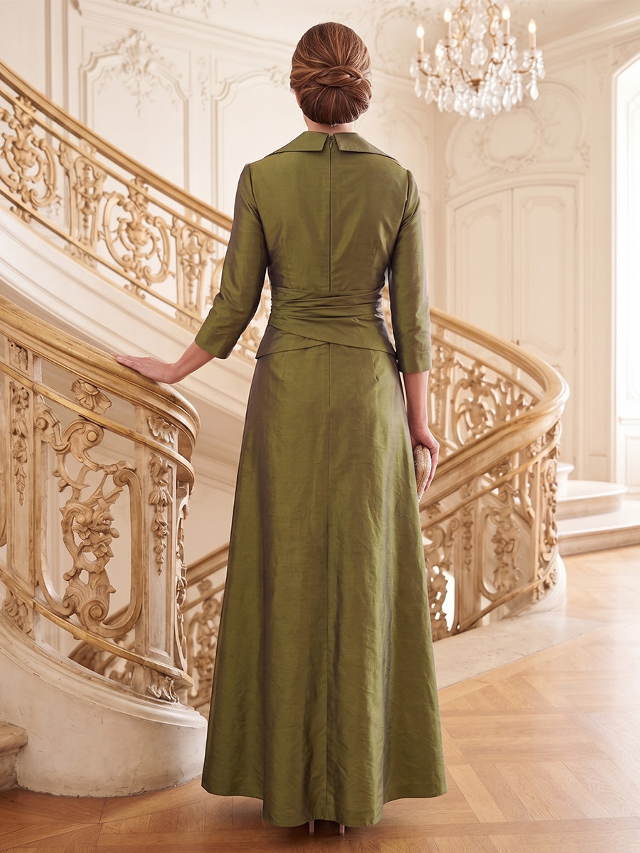 A-Line/Princess V-Neck Taffeta Mother of the Bride Dresses 3/4 Sleeves Ankle-Length Ruched
