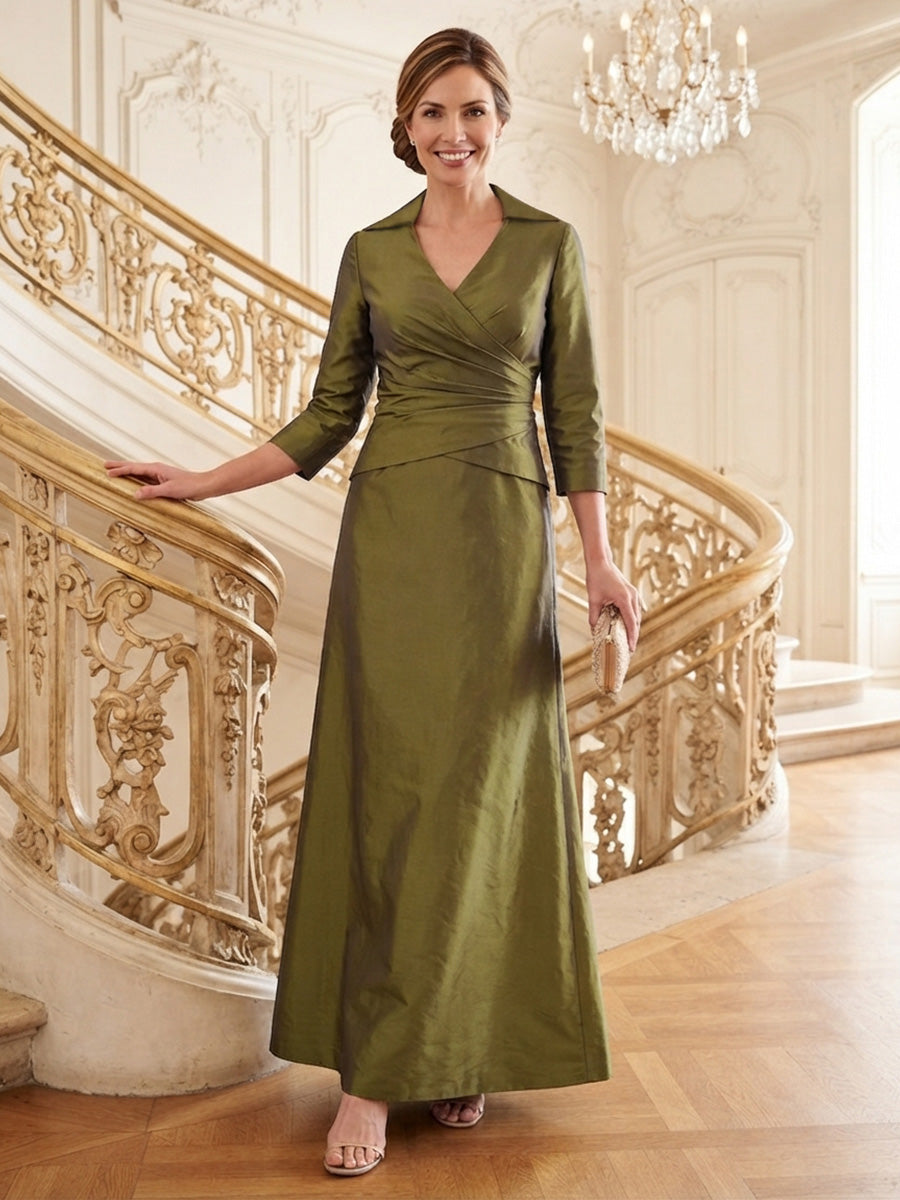 A-Line/Princess V-Neck Taffeta Mother of the Bride Dresses 3/4 Sleeves Ankle-Length Ruched