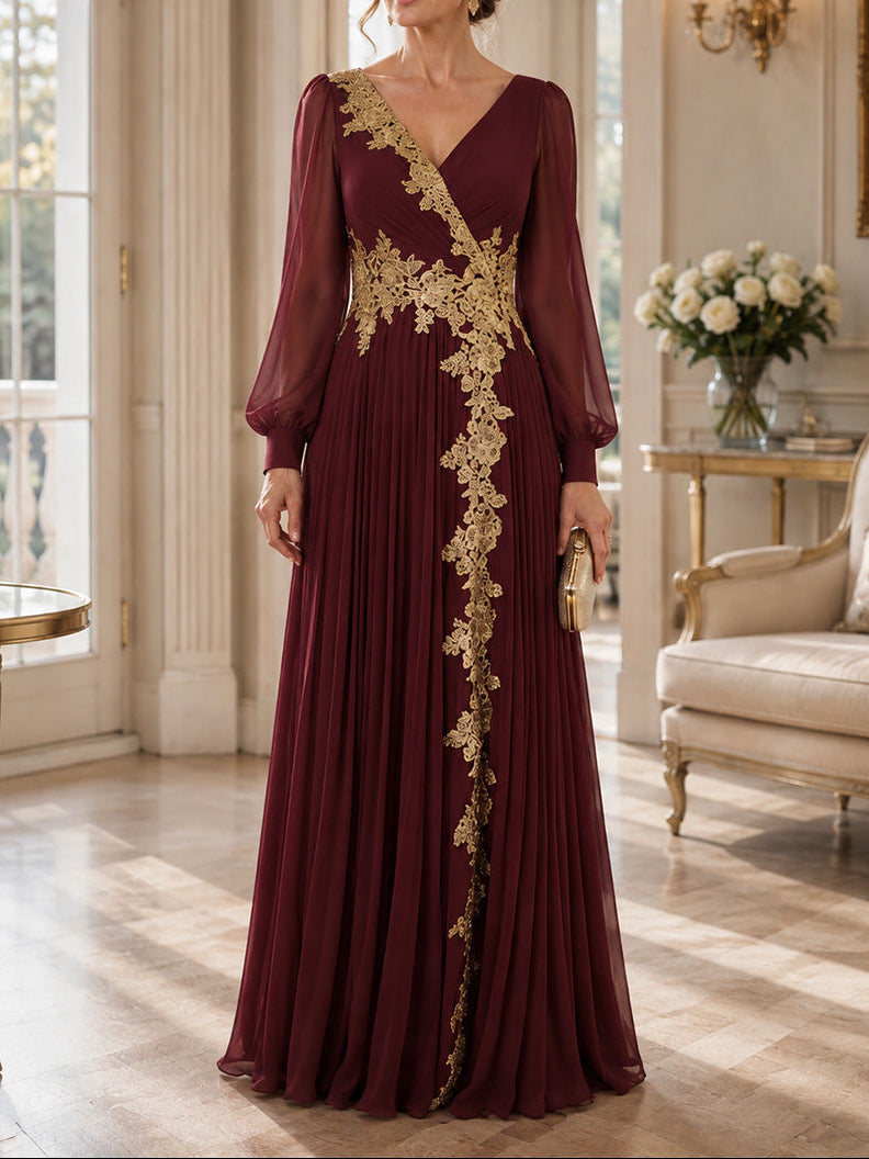 A-Line/Princess V-Neck Chiffon Mother of the Bride Dresses Embroidery Long Sleeves Floor-Length