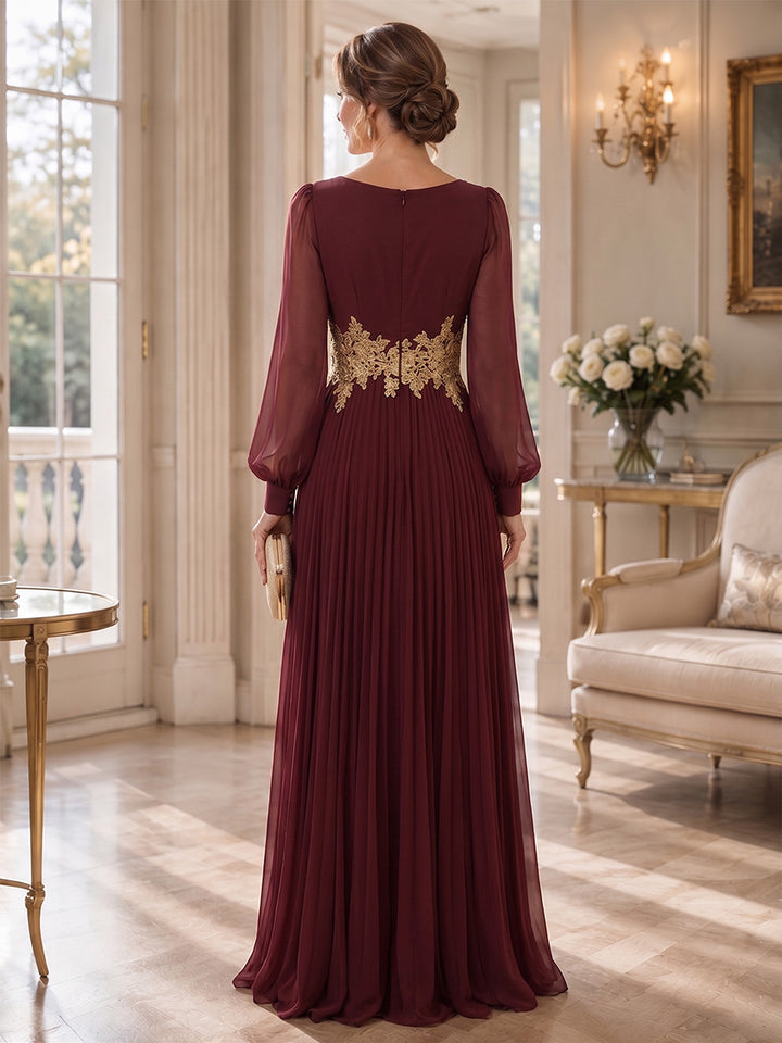 A-Line/Princess V-Neck Chiffon Mother of the Bride Dresses Embroidery Long Sleeves Floor-Length