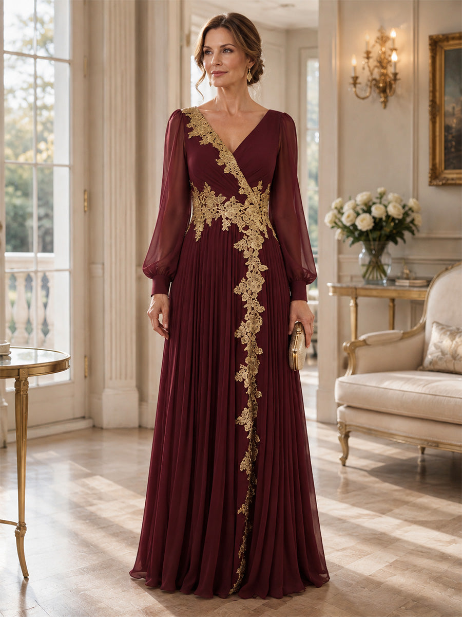 A-Line/Princess V-Neck Chiffon Mother of the Bride Dresses Embroidery Long Sleeves Floor-Length