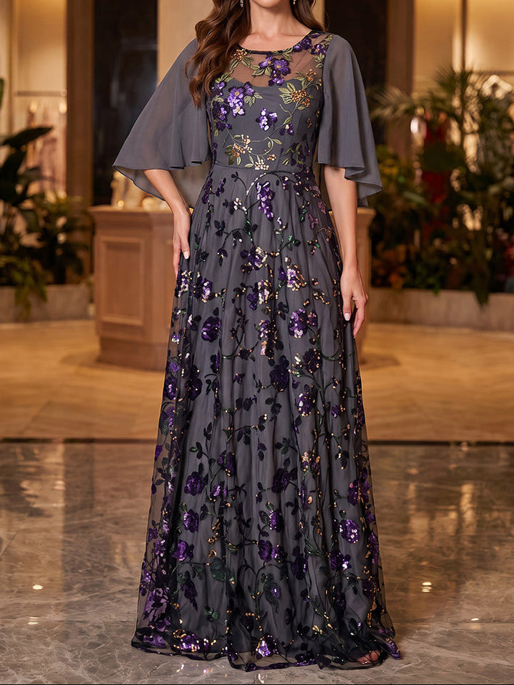 A-Line/Princess Scoop Chiffon Mother of the Bride Dresses Sequins Cape Sleeves Floor-Length