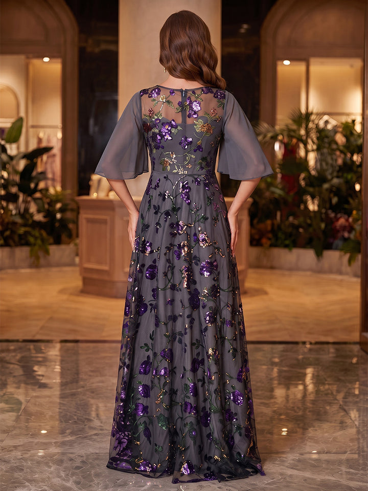 A-Line/Princess Scoop Chiffon Mother of the Bride Dresses Sequins Cape Sleeves Floor-Length