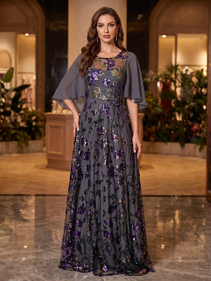A-Line/Princess Scoop Chiffon Mother of the Bride Dresses Sequins Cape Sleeves Floor-Length