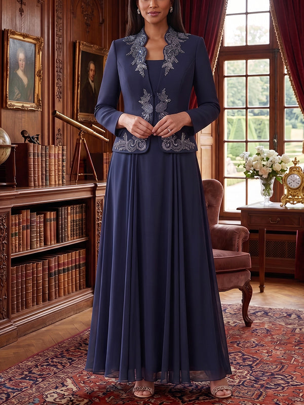 2 Pieces A-Line/Princess Scoop Chiffon Mother of the Bride Dresses 3/4 Sleeves Ankle-Length with Jacket