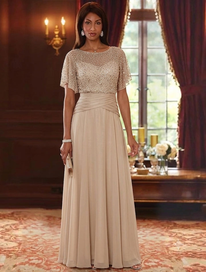 A-Line/Princess Scoop Chiffon Mother of the Bride Dresses Sequins Cape Sleeves Ruched Floor-Length