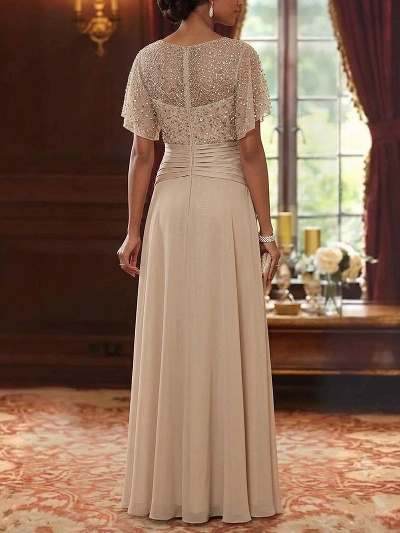 A-Line/Princess Scoop Chiffon Mother of the Bride Dresses Sequins Cape Sleeves Ruched Floor-Length