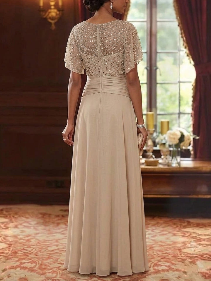 A-Line/Princess Scoop Chiffon Mother of the Bride Dresses Sequins Cape Sleeves Ruched Floor-Length