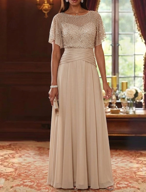 A-Line/Princess Scoop Chiffon Mother of the Bride Dresses Sequins Cape Sleeves Ruched Floor-Length