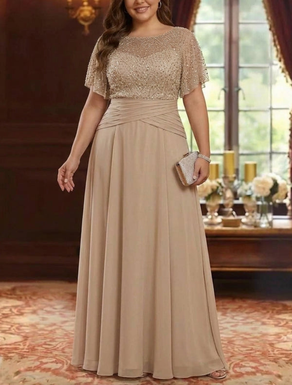 A-Line/Princess Scoop Chiffon Plus Size Mother of the Bride Dresses Sequins Short Sleeves Ruched Floor-Length