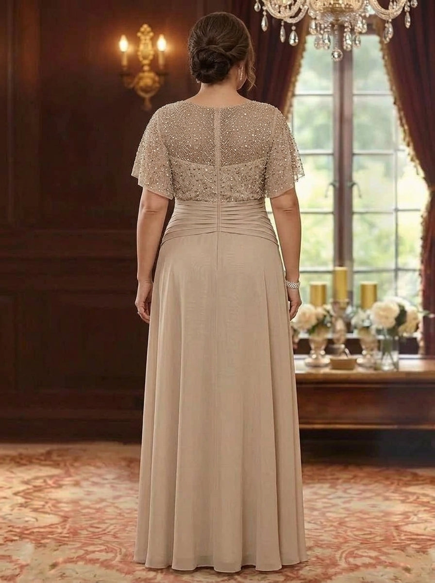 A-Line/Princess Scoop Chiffon Plus Size Mother of the Bride Dresses Sequins Short Sleeves Ruched Floor-Length