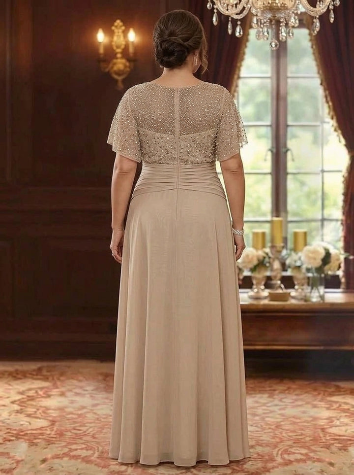 A-Line/Princess Scoop Chiffon Plus Size Mother of the Bride Dresses Sequins Short Sleeves Ruched Floor-Length