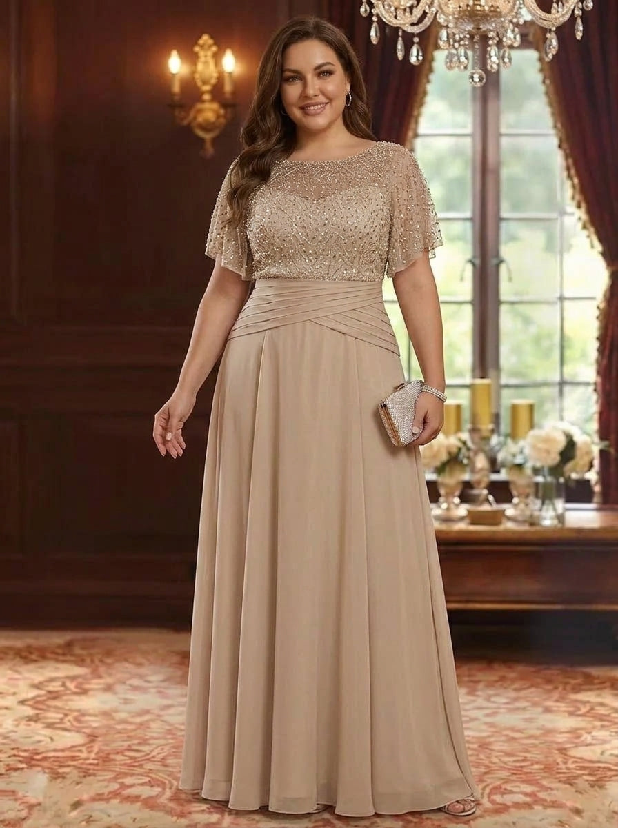 A-Line/Princess Scoop Chiffon Plus Size Mother of the Bride Dresses Sequins Short Sleeves Ruched Floor-Length
