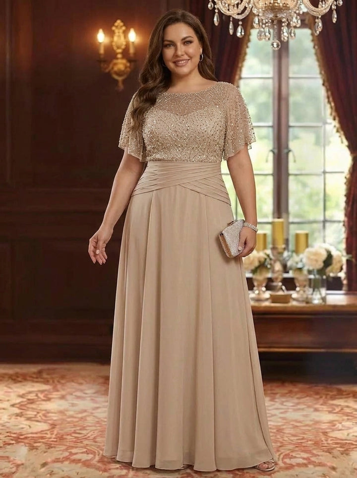A-Line/Princess Scoop Chiffon Plus Size Mother of the Bride Dresses Sequins Short Sleeves Ruched Floor-Length