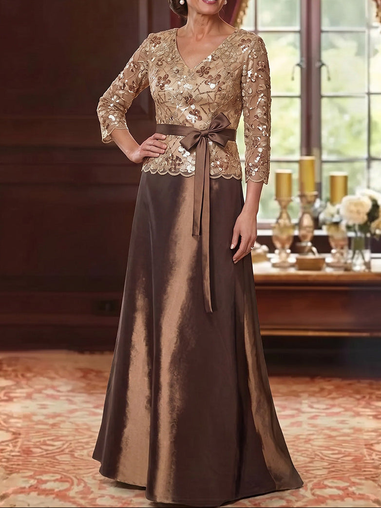 A-Line/Princess V-Neck Satin Mother Of The Bride Dresses Sequins Floor Length 3/4 Sleeves