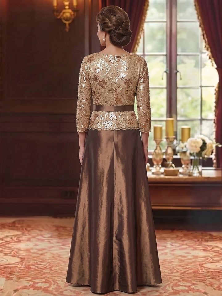 A-Line/Princess V-Neck Satin Mother Of The Bride Dresses Sequins Floor Length 3/4 Sleeves