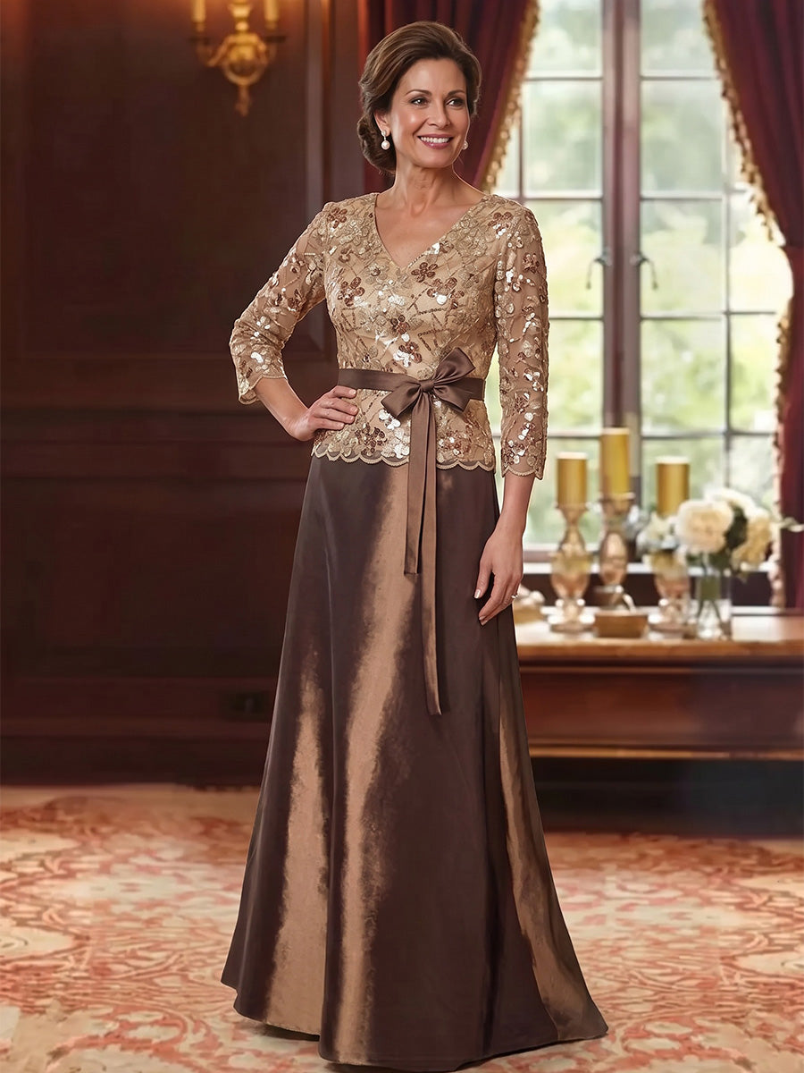 A-Line/Princess V-Neck Satin Mother Of The Bride Dresses Sequins Floor Length 3/4 Sleeves
