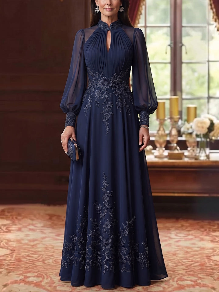A-Line/Princess Halter Chiffon Mother Of The Bride Dresses Embroidery Floor Length Long Sleeves
