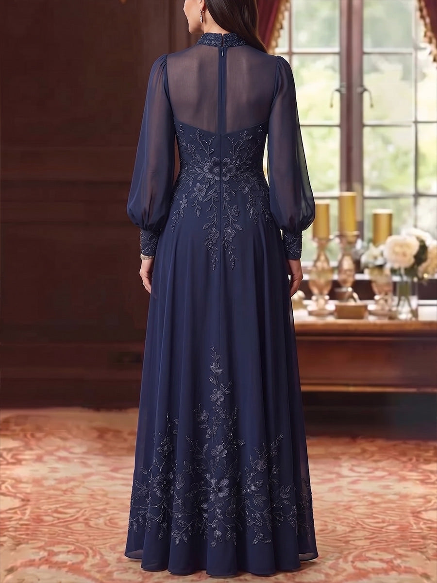 A-Line/Princess Halter Chiffon Mother Of The Bride Dresses Embroidery Floor Length Long Sleeves