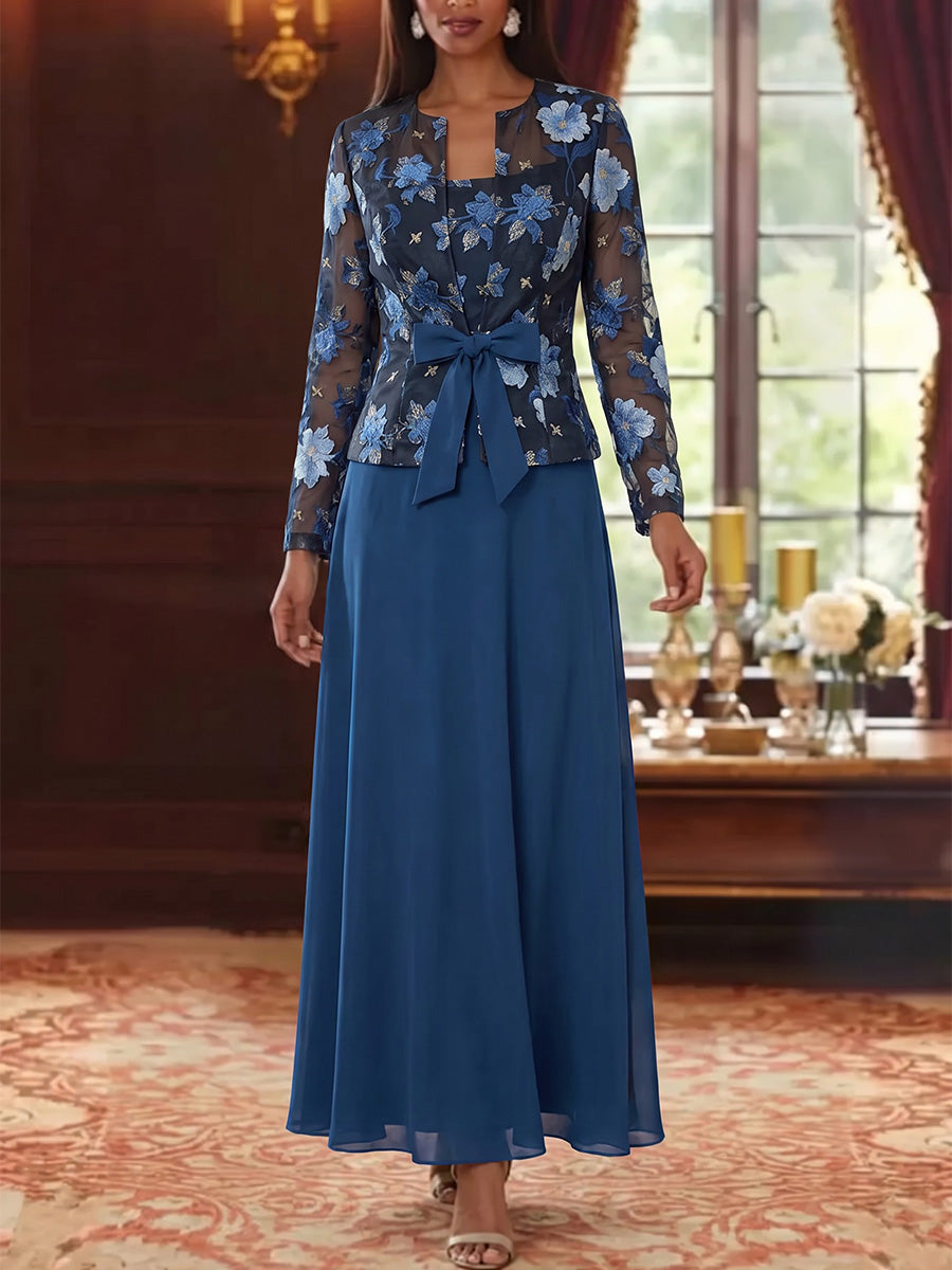 2 Pieces A-Line/Princess Scoop Chiffon Mother Of The Bride Dresses Embroidery Ankle-Length Long Sleeves&Sleeveless