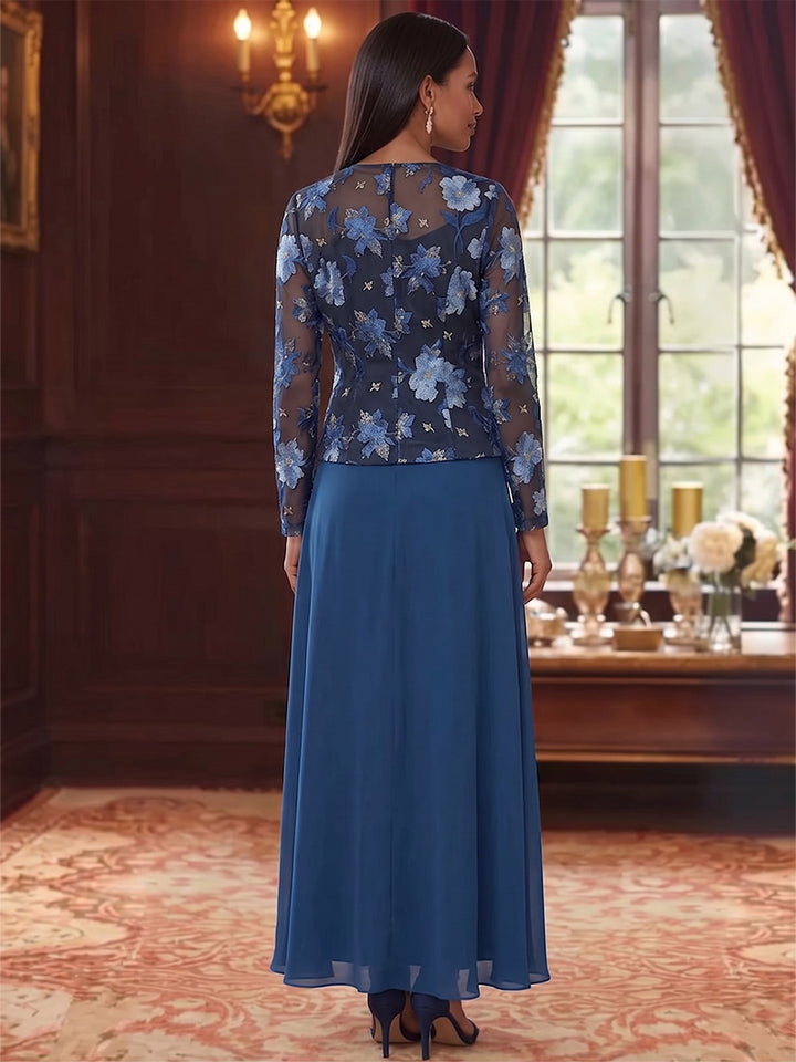 2 Pieces A-Line/Princess Scoop Chiffon Mother Of The Bride Dresses Embroidery Ankle-Length Long Sleeves&Sleeveless