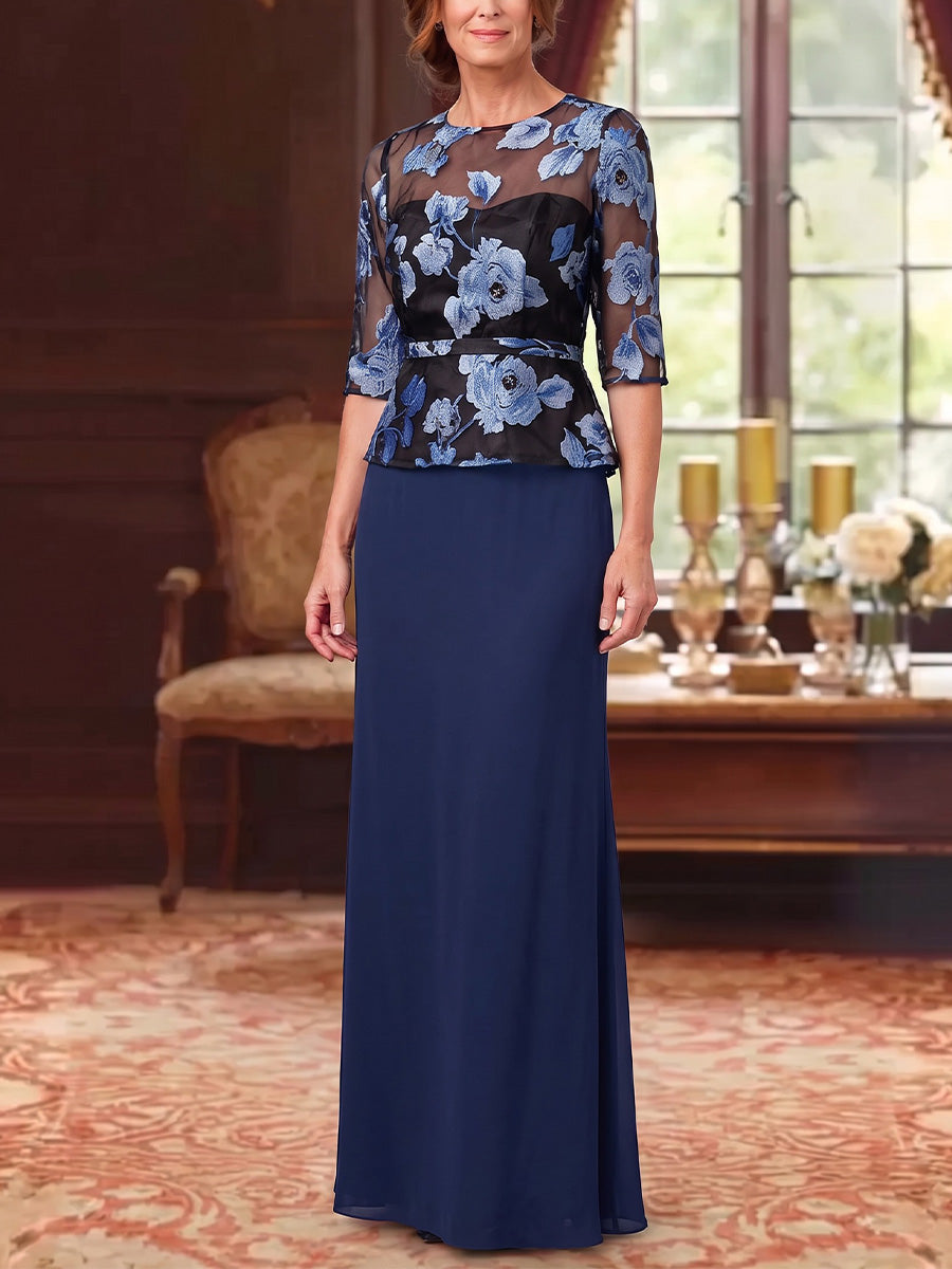 Sheath/Column Scoop Chiffon Mother Of The Bride Dresses Lace Embroidery Floor-Length Half Sleeves