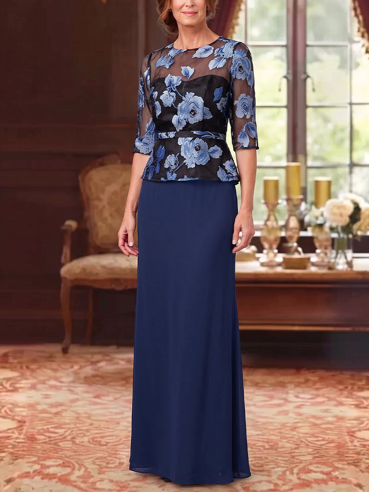 Sheath/Column Scoop Chiffon Mother Of The Bride Dresses Lace Embroidery Floor-Length Half Sleeves