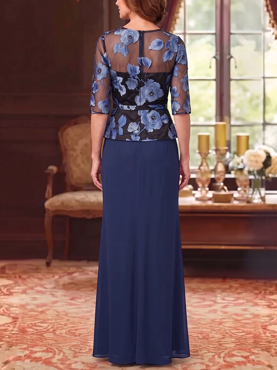 Sheath/Column Scoop Chiffon Mother Of The Bride Dresses Lace Embroidery Floor-Length Half Sleeves