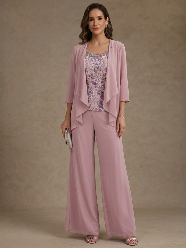 3 Pieces Chiffon Scoop Mother of the Bride Pantsuits with Jacket Ankle-Length Lace Floral 3/4 Sleeves