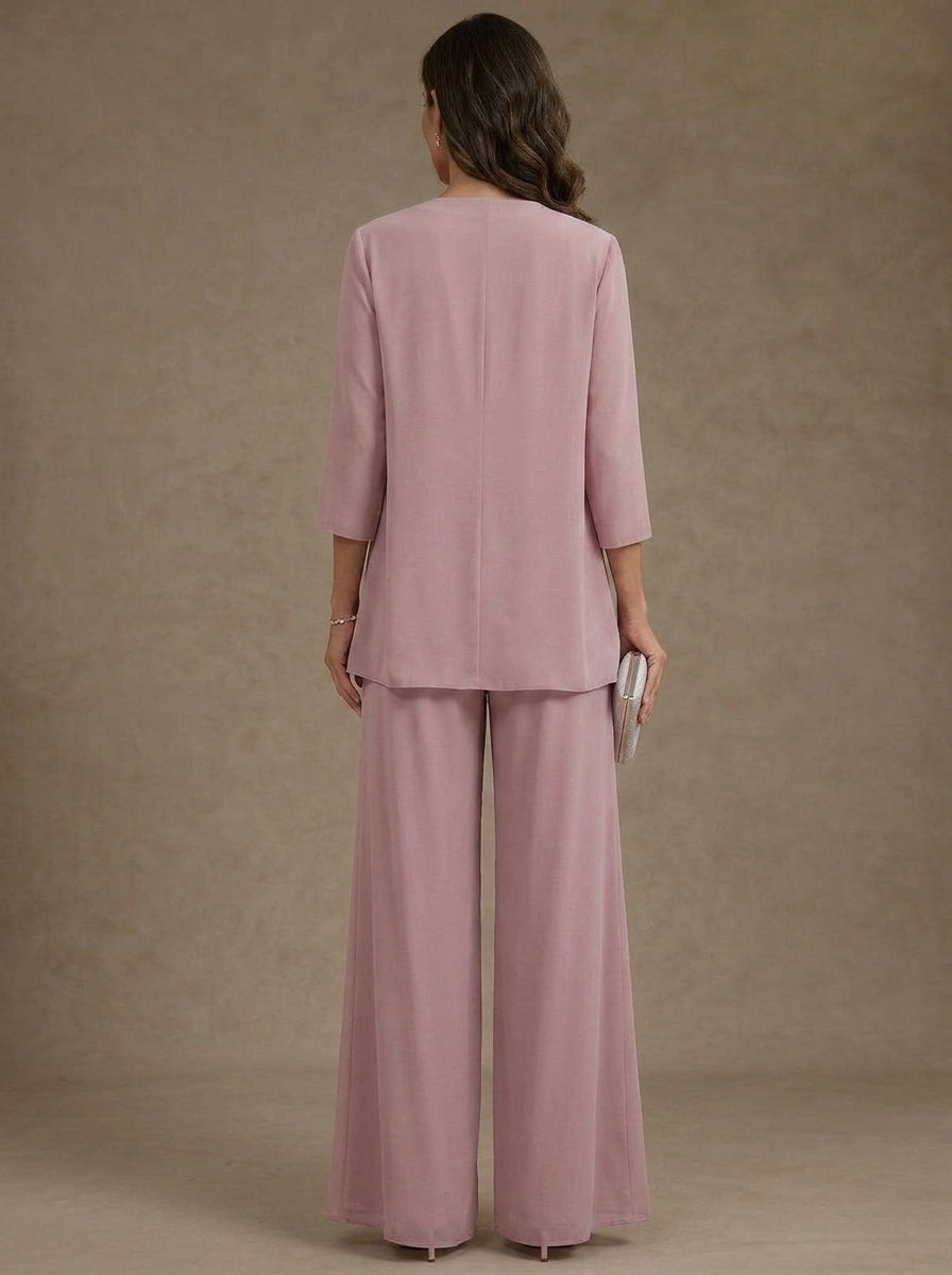 3 Pieces Chiffon Scoop Mother of the Bride Pantsuits with Jacket Ankle-Length Lace Floral 3/4 Sleeves