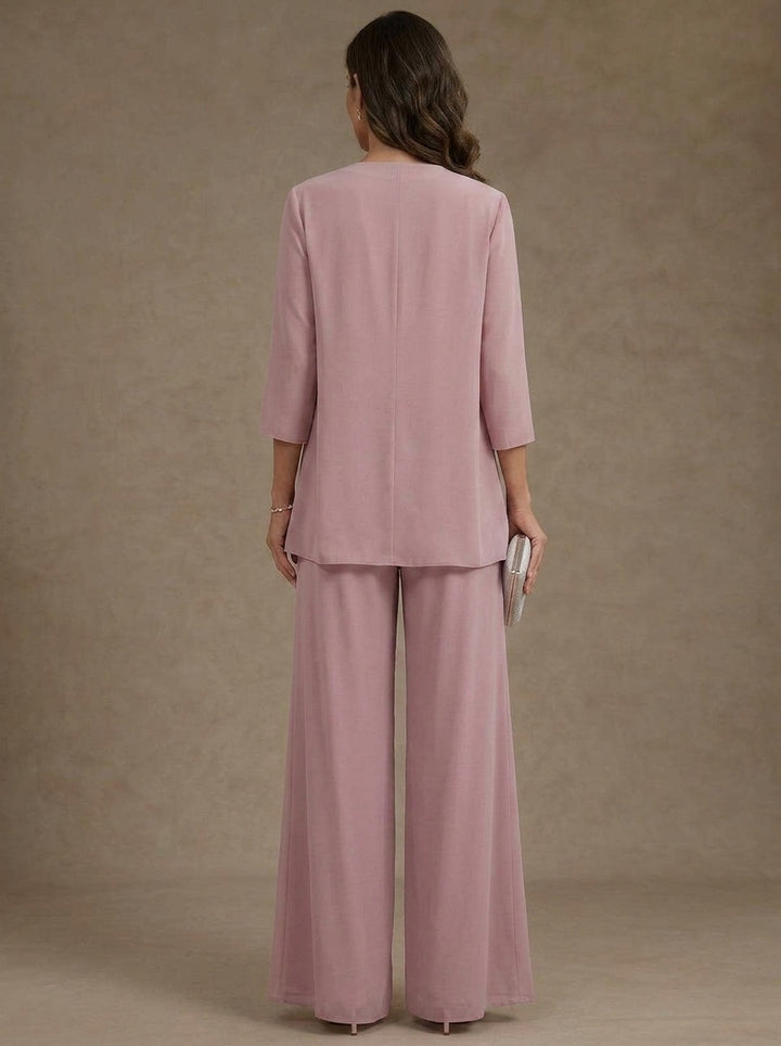 3 Pieces Chiffon Scoop Mother of the Bride Pantsuits with Jacket Ankle-Length Lace Floral 3/4 Sleeves