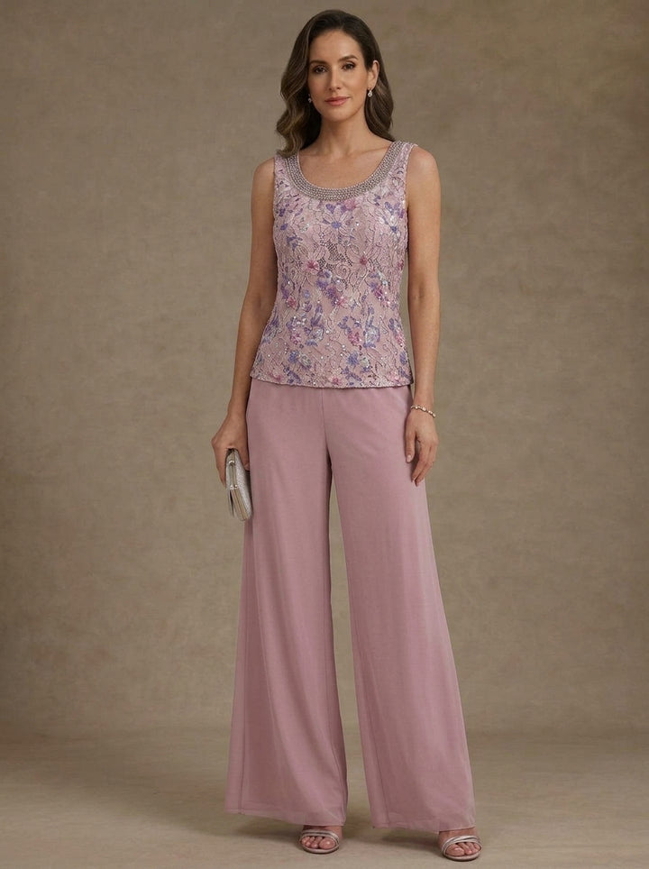 3 Pieces Chiffon Scoop Mother of the Bride Pantsuits with Jacket Ankle-Length Lace Floral 3/4 Sleeves