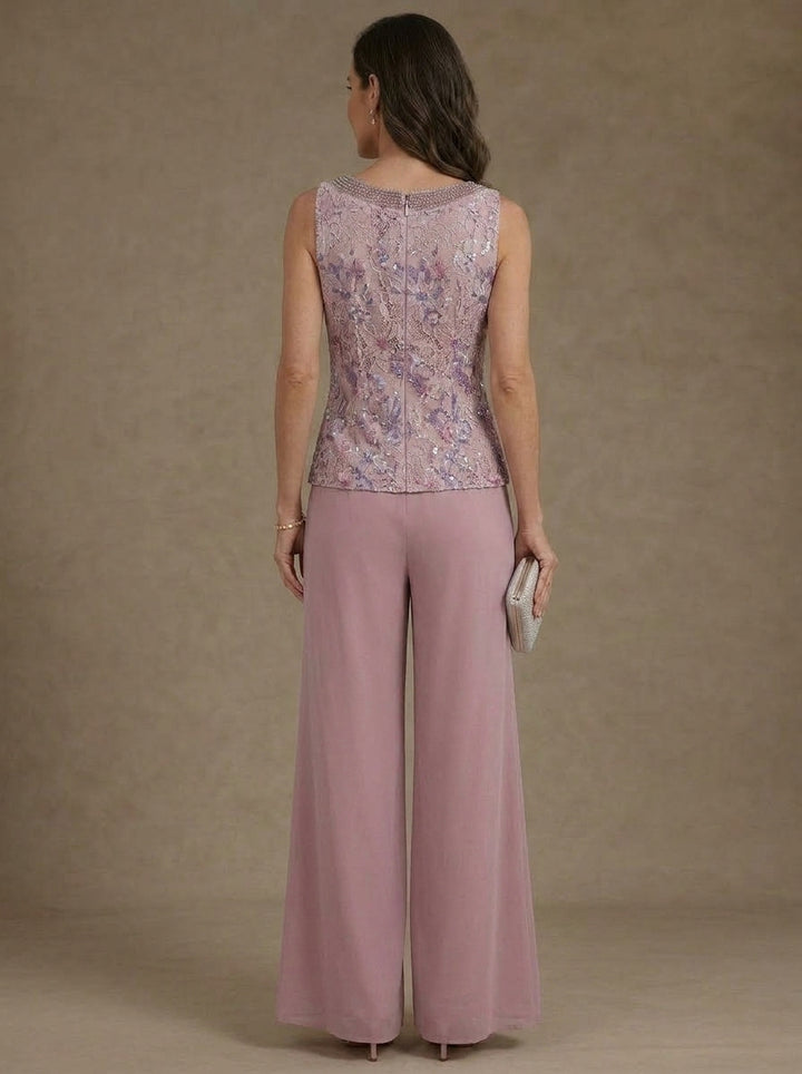 3 Pieces Chiffon Scoop Mother of the Bride Pantsuits with Jacket Ankle-Length Lace Floral 3/4 Sleeves