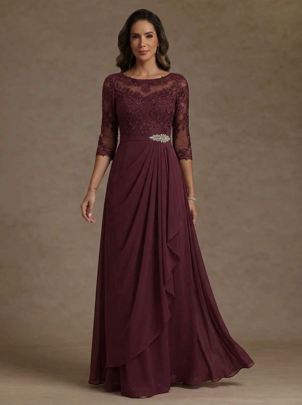 A-Line/Princess Scoop Chiffon Mother of the Bride Dresses Lace Floral Ruffles Floor-Length 3/4 Sleeves