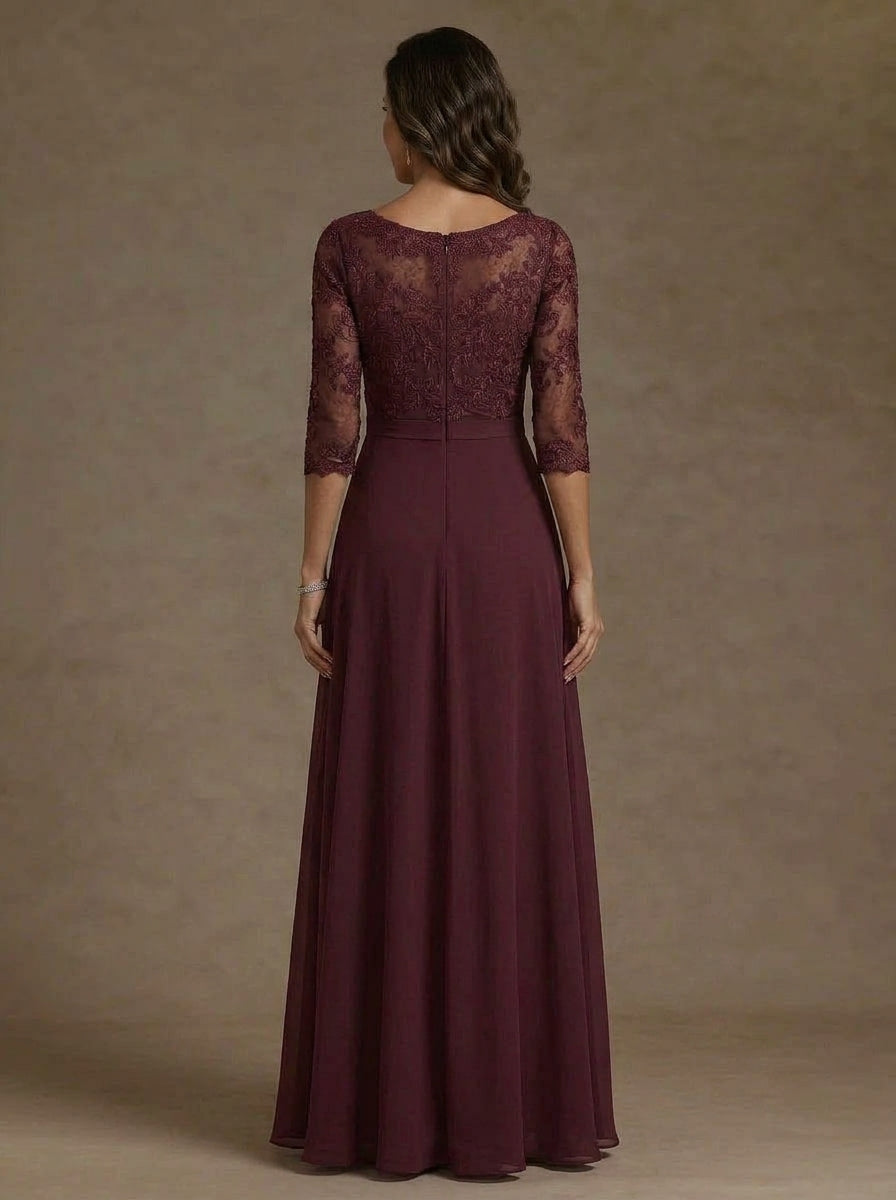 A-Line/Princess Scoop Chiffon Mother of the Bride Dresses Lace Floral Ruffles Floor-Length 3/4 Sleeves