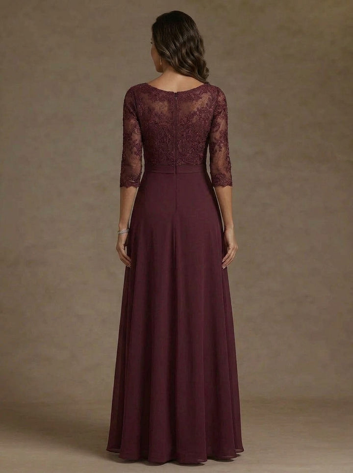 A-Line/Princess Scoop Chiffon Mother of the Bride Dresses Lace Floral Ruffles Floor-Length 3/4 Sleeves